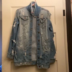 Long distressed denim jacket fashion nova